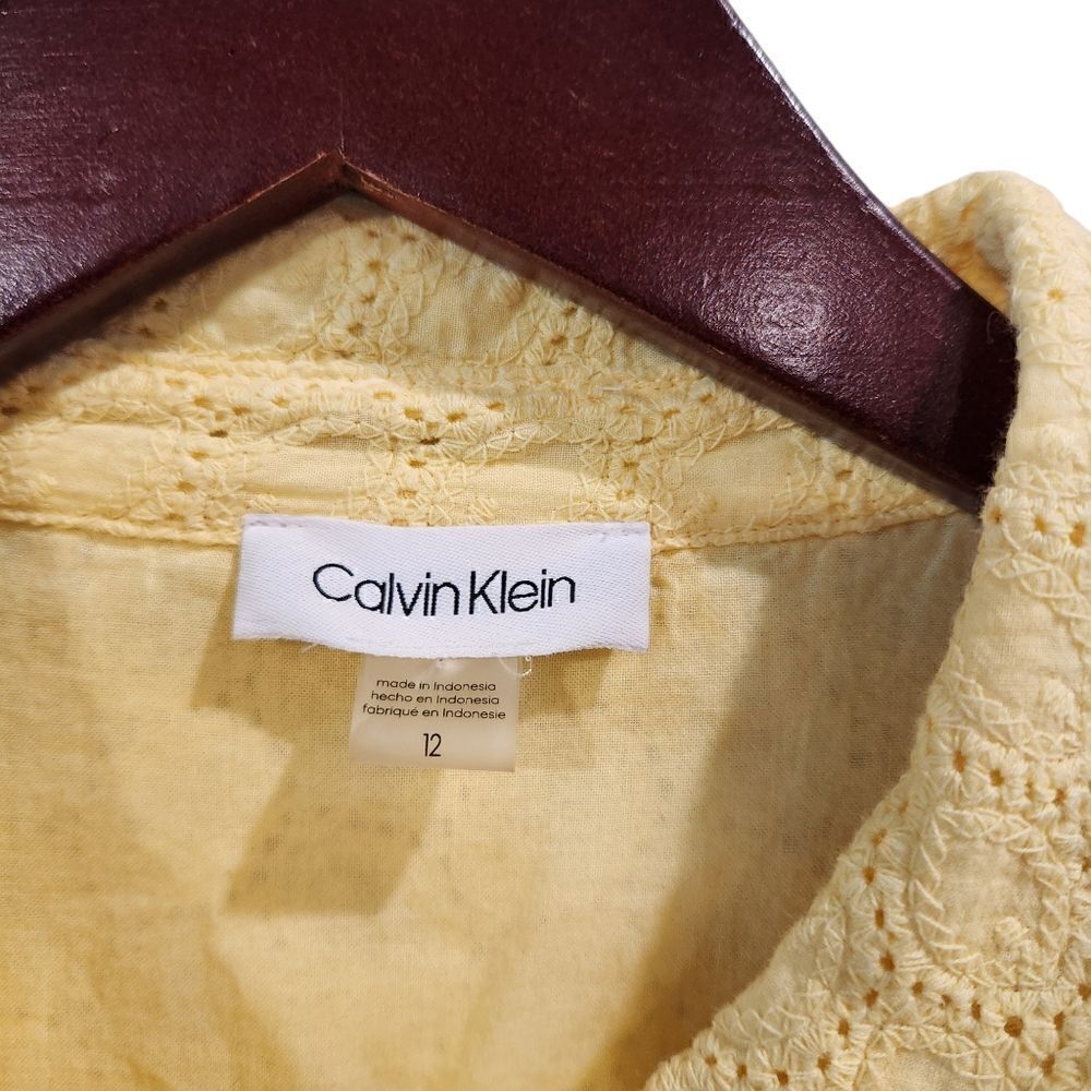 Calvin Klein Eyelet Shirt Dress Flutter Sleeve Belt Yellow 12 Women's - Picture 8 of 8